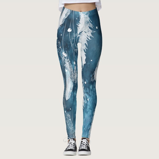 Fallende weiße Federn, blaue Wasserfarbe. Leggings (Vorderseite)