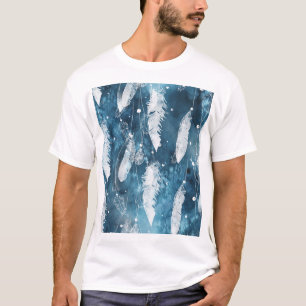 Fallende weiße Federn, blaue Wasserfarbe. T-Shirt