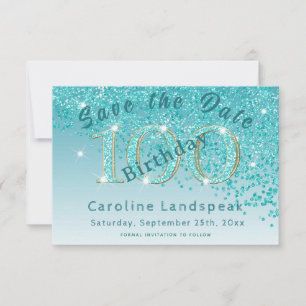Falling Aquamarin Blue Glitzer für 100. Geburtstag Save The Date