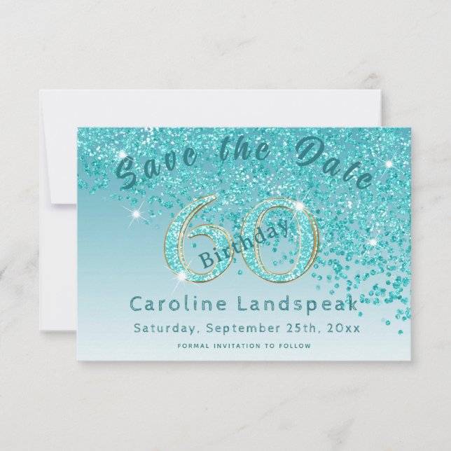 Falling Aquamarin Blue Glitzer für 60. Geburtstag Save The Date (Vorderseite)