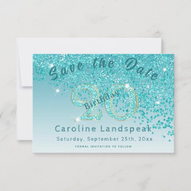 Falling Aquamarin Blue Glitzer für den 20. Geburts Save The Date (Vorderseite)