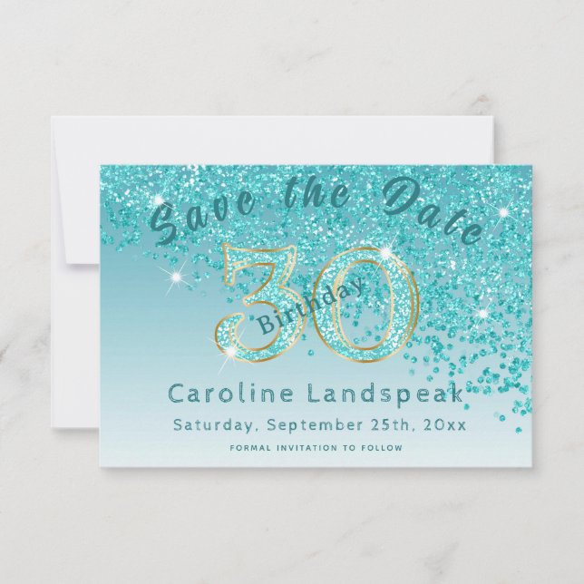 Falling Aquamarin Blue Glitzer für den 30. Geburts Save The Date (Vorderseite)