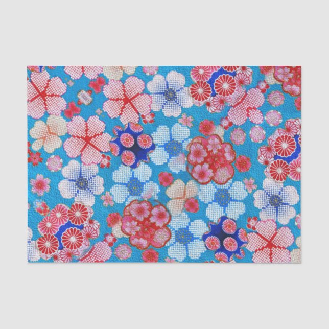 Falling Blue Cascading Floral Chirimen Seidenpapier (Vorderseite)