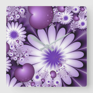 Falling in Love Abstract Flowers & Hearts Fractal Quadratische Wanduhr