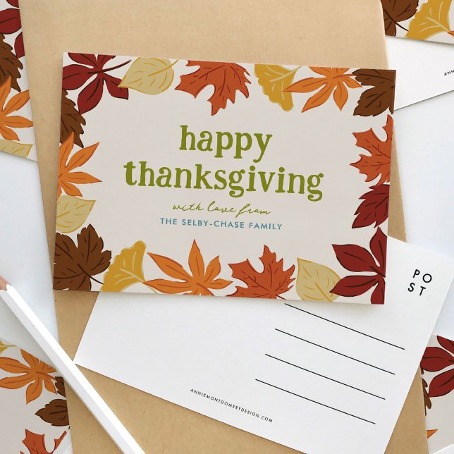 Falling Leaves Frohes Erntedankfest Postkarte (Falling Leaves Happy Thanksgiving Postcard)