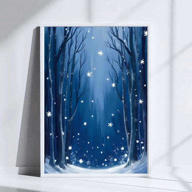 Falling Snow Blau Winterwald Wasserfarbe Gemalt Poster (Von Creator hochgeladen)