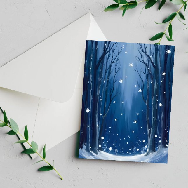 Falling Snow Blaues Winterwald Wasserfarbenkarte (Von Creator hochgeladen)