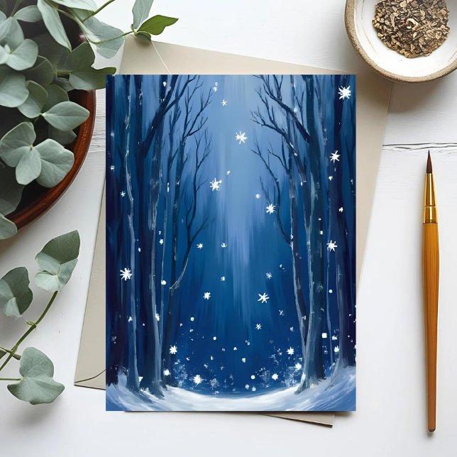 Falling Snow Blue Winter Forest Watercolor Painted Postkarte (Von Creator hochgeladen)