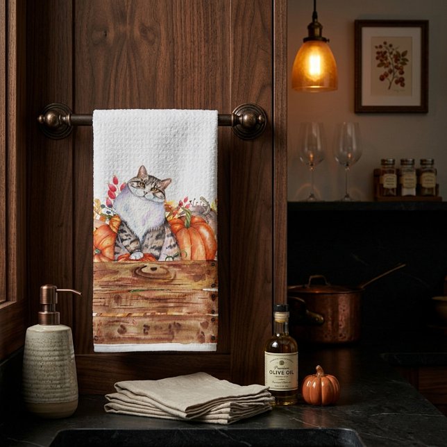 Fallkatze und Kürbis in Kiste Geschirrtuch (Von Creator hochgeladen)