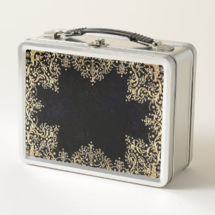 Falln Black and Gold Filigree Metall Lunch Box