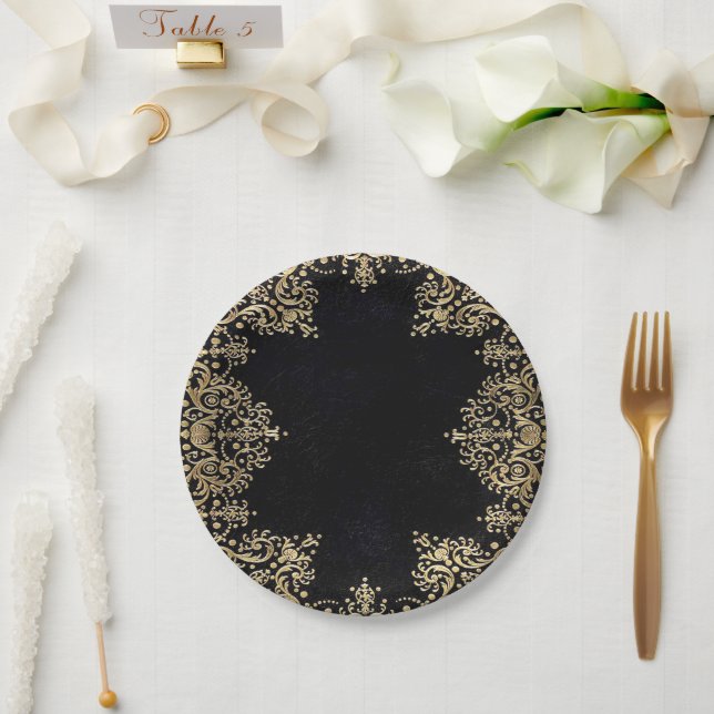 Falln Black and Gold Filigree Pappteller (Hochzeit)