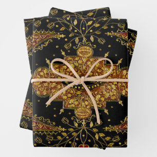 Falln Schwarz und Gold Blumenmuster Geschenkpapier Set
