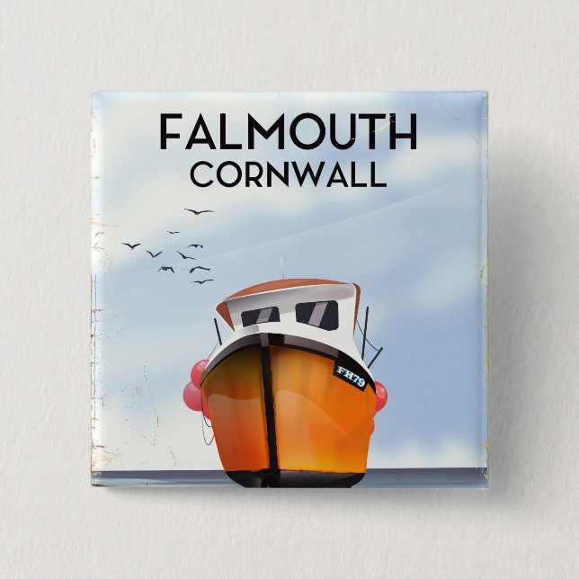Falmouth Cornwall Reiseposter für Fischereifahrzeu Button (Vorderseite)