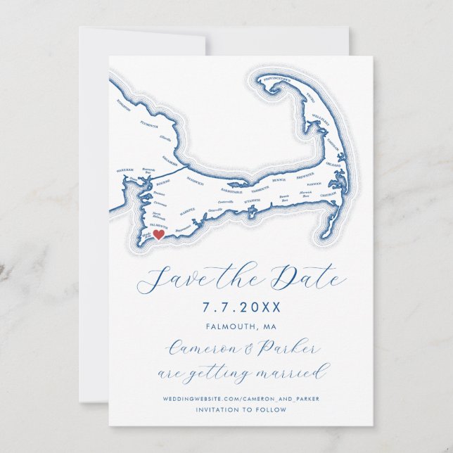 Falmouth MA Cape Cod Map Navy Blue Wedding Save The Date (Vorderseite)