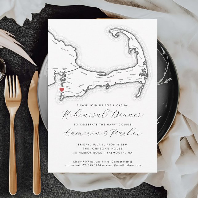 Falmouth MA Lässig Hochzeit Probe Dinner Einladung (Falmouth MA Casual Wedding Rehearsal Dinner Invitation in Black and White from Coastal Map Designs)