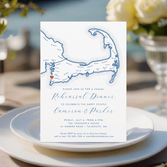 Falmouth MA Lässig Hochzeit Probe Dinner Einladung (Falmouth MA Casual Cape Cod Wedding Rehearsal Dinner Invitation in Navy Blue from Coastal Map Design)