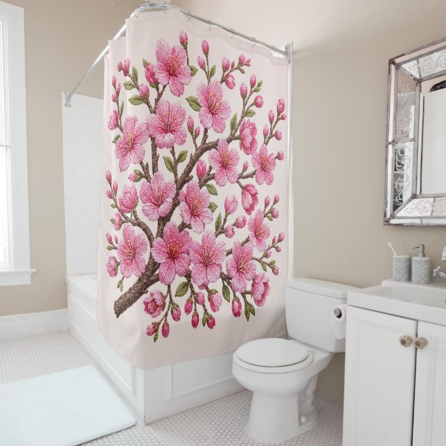 Falsche 3D-bestickte Sakura-Zweig-Illustration Duschvorhang (Beispiel)