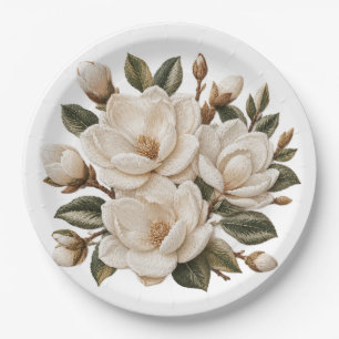 Falsche 3D-Broderie-Illustration der weißen Magnol Pappteller