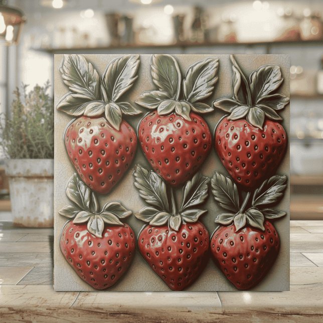 Falsche 3D glasierte italienische Erdbeeren Fliese (Strawberry ceramic tile with faux 3D effect for Italian and country kitchen decor cottaage core)