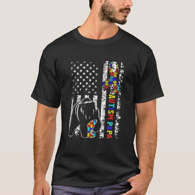 Falsche amerikanische Fahnen Autismus Papa Bear Aw T-Shirt (Vorderseite)