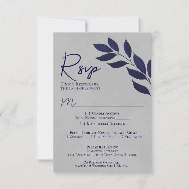 Falsche Blätter Hochzeit von Navy Blue & Gray Wate RSVP Karte (Vorderseite)