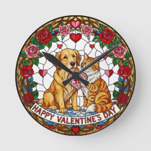 Falsche Bleiglasuhr mit Hund und Katze Runde Wanduhr