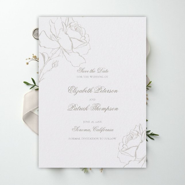 Falsche geprägte Rosen Perlen formelle klassische  Save The Date (ethereal wedding theme white save the date formal traditional modern classic floral roses elevated)