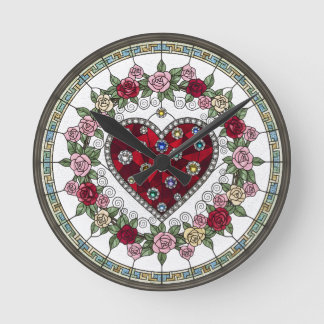 Falsche Glasmalerei-Herz- und Blumenwanduhr Runde Wanduhr