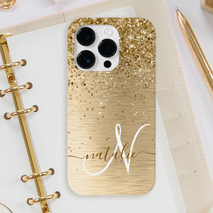 Falsche Gold gebürstete Metall Glitter Druck Monog iPhone 14 Pro Hülle