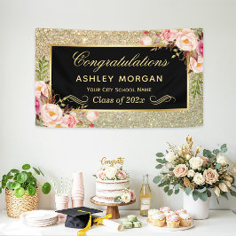 Falsche Gold Glitter Pink Floral Graduation Party Banner