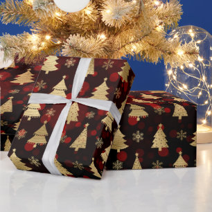Falsche Goldfolie-Weihnachtsbäume & roter Bokeh Geschenkpapier