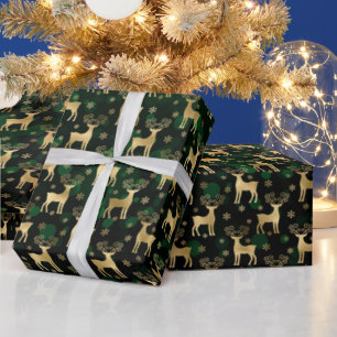 Falsche Goldfolie Weihnachtsrentier & grüner Bokeh Geschenkpapier