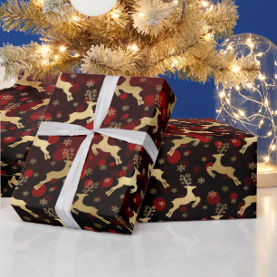 Falsche Goldfolie Weihnachtsrentier & roter Bokeh Geschenkpapier