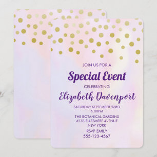 Falsche Goldkonfetti auf lila Wasserfarben-Party Einladung