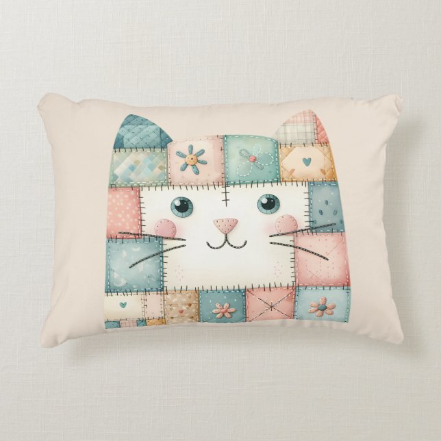 Falsche Patchwork-Pastell-Hauskatze Gesicht Dekokissen (Vorderseite)