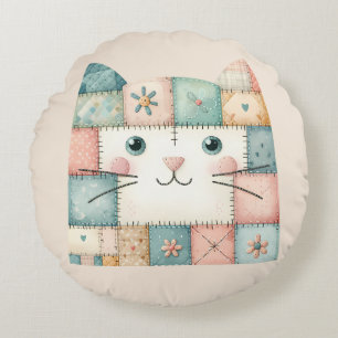 Falsche Patchwork-Pastell-Hauskatze Gesicht Rundes Kissen