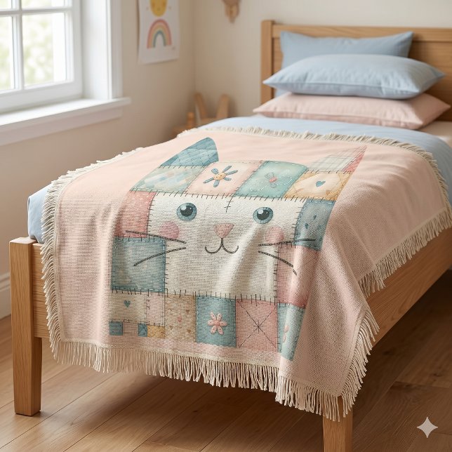 Falsche Patchwork-Pastell-Hütte-Kitty-Gesicht Decke (Faux Patchwork Pastel Cottage Kitty Face Throw Blanket)