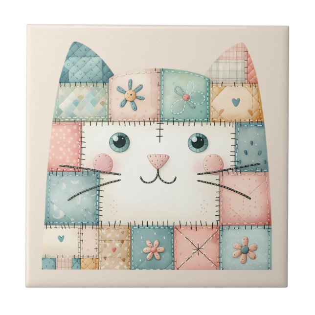 Falsche Patchwork-Pastell-Hütte-Kitty-Gesicht Fliese (Vorderseite)