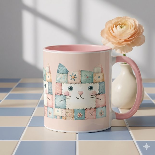 Falsche Patchwork-Pastell-Hütte-Kitty-Gesicht Rosa Tasse (Faux Patchwork Pastel Cottage Kitty Face Pink Mug)