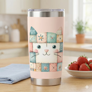 Falsche Patchwork-Pastell-Hütte-Kitty-Gesicht Rosa Thermobecher