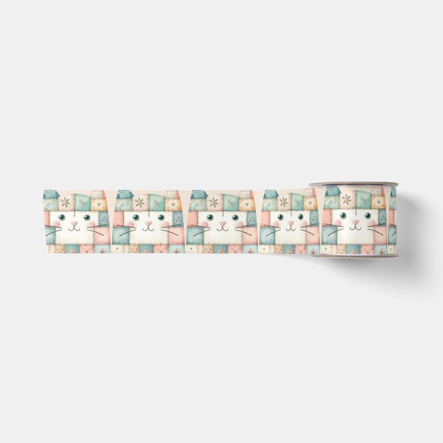 Falsche Patchwork-Pastell-Hütte-Kitty-Gesicht Satinband (Vorderseite)