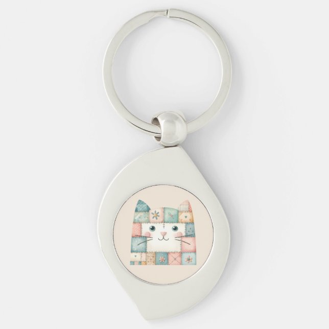 Falsche Patchwork-Pastell-Hütte-Kitty-Gesicht Schlüsselanhänger (Vorderseite)