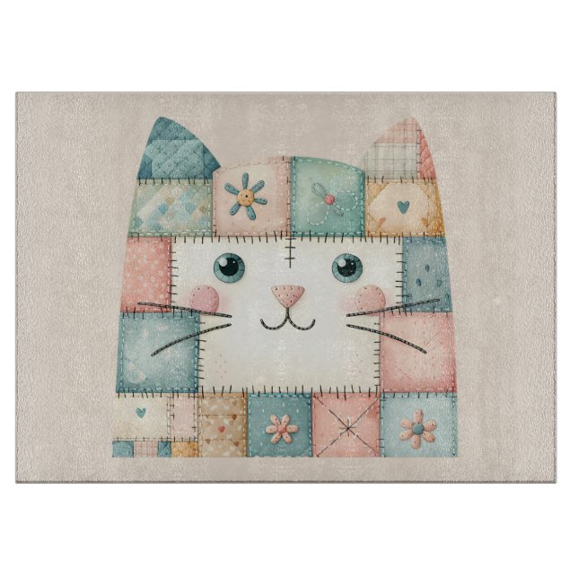 Falsche Patchwork-Pastell-Hütte-Kitty-Gesicht Schneidebrett (Vorderseite)