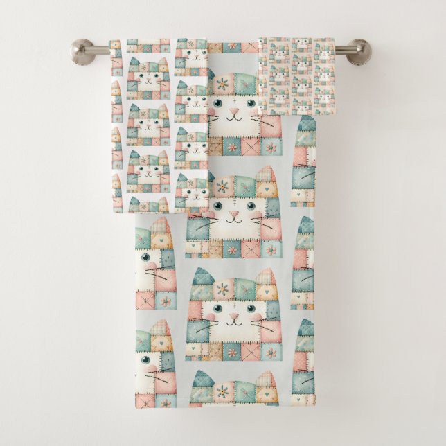 Falsche Patchwork-Pastell-Katzen-Cottage Badhandtuch Set (Insitu)