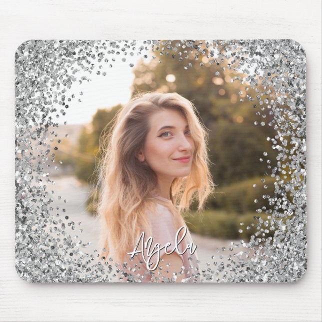 Falsche Silber-Glitter-Rundrahmen-Foto Mousepad (Vorne)