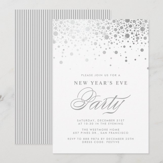 Falsche Silver Foil Confetti New Year's Eve Party Einladung (Vorne/Hinten)