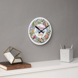 Falsche Stickerei Blumen Glückliche Muttertag Runde Wanduhr
