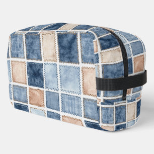 Falscher Blau-Denim & Creme Quadrate Waschbeutel