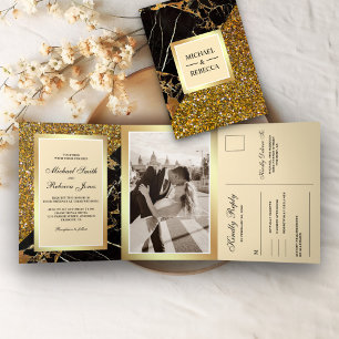 Falscher Goldglitter Schwarzer Marmor Alles in Ein Dreifach Gefaltete Einladung