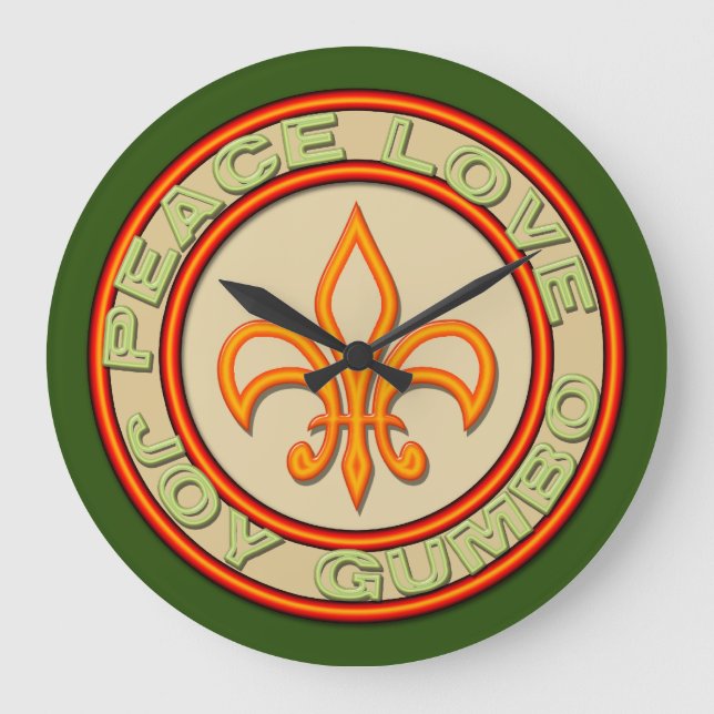 Falscher Neon Peace Joy Gumbo Fleur de Lis Große Wanduhr (Vorderseite)